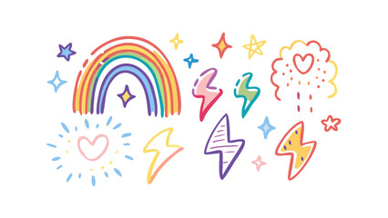 Colorful Hand Drawn Rainbow Lightning Stars and Heart