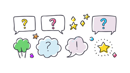Colorful speech bubbles and stars question marks exclamation mark