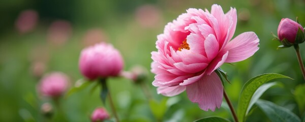 Fototapeta premium Soft pink peony flower blooms in garden. Rich green foliage surrounds delicate petals with ruffled edges. Buds unfurl, nature beauty in spring. Perfect for floral decor, gardening, natural themes.