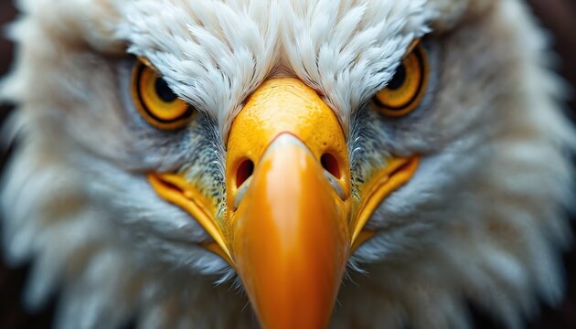 Extreme close-up of majestic bald eagle head, featuring piercing yellow eyes, sharp orange beak, detailed white, grey feathers. Fisheye lens creates dramatic, intense portrait of bold bird, freedom,
