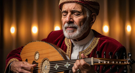 Elderly Middle Eastern man playing oud instrument with passion  