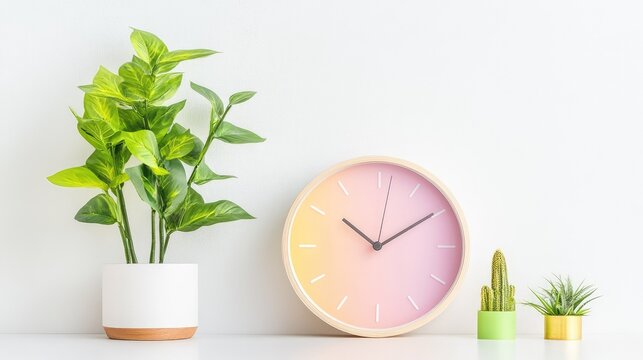 Digital pixel clock in bright colors on white surface with soft daylight and greenery for a fresh and quirky vibe - Powered by Adobe