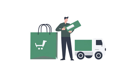 Man with shopping bag and delivery truck illustrating online retail and e commerce logistics services isolated on transparent background