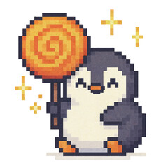 Cute Pixel Art Penguin with Lollipop and Sparkles