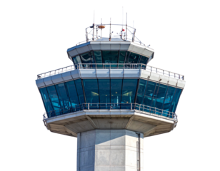 Modern Airport Control Tower in Daylight, Front View, Isolated Transparent Background PNG