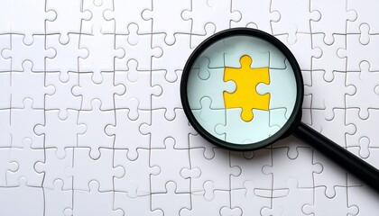 Strategic discovery of the key solution. Magnifying glass reveals the unique missing piece for business success and completion