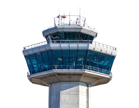 Modern Airport Control Tower in Daylight, Front View, Isolated Transparent Background PNG