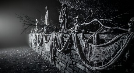 Dark Halloween Display with Skeletons and Ghost Figures on Brick Wall