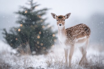 Fototapeta premium Winter Fawn with Christmas Glow