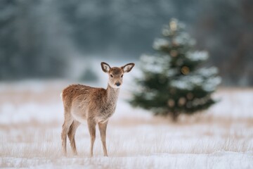 Obraz premium A young fawn captured in a quiet winter meadow, standing gracefully against the soft backdrop of a snow-covered Christmas tree. 