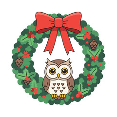 Cartoon Owl with Big Eyes in a Christmas Wreath with Red Bow