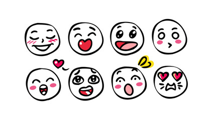 Cute doodle expressions with hearts and blush emoji
