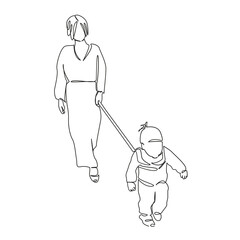 One continuous single drawing line art flat doodle mother, child, girl, daughter, outdoors, childhood, togetherness, leash. Isolated image hand draw contour on a white background, hand drawn, not AI