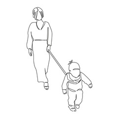 One continuous single drawing line art flat doodle mother, child, girl, daughter, outdoors, childhood, togetherness, leash. Isolated image hand draw contour on a white background, hand drawn, not AI