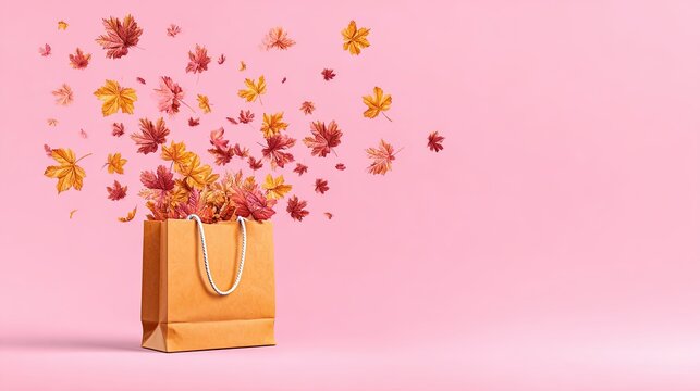 Orange shopping bag with flying autumn maple leaves on pastel pink background seasonal fall concept