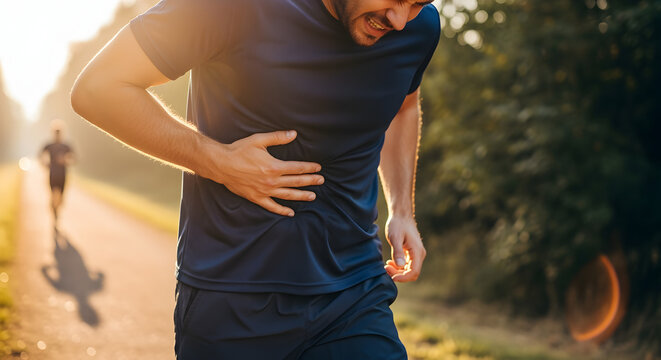 Athletic Man Experiencing Side Pain While Jogging on Pathway during Bright Sunny Day