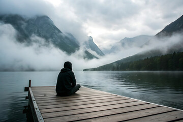 Solitary woman wearing purple hoodie watching tranquil overcast morning scene at lake Bohinj, Alps mountains, Slovenia.