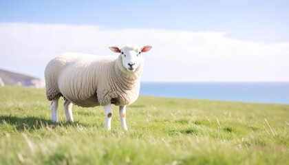 Fototapeta premium Close-up of a fluffy sheep standing in a green field with the sea in the background