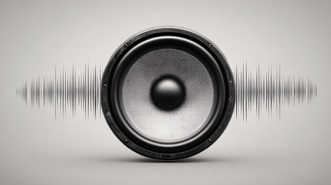 Large Black and Silver Speaker with Sound Wave Graphic on a Light Gray Background