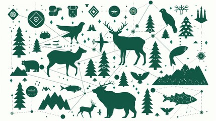 National Public Lands Day, Grid-based infographic with animal silhouettes and nature symbols, deer, eagle, bear, fish icons arranged in organized pattern, habitat symbols(forest, mountain, lake icons)