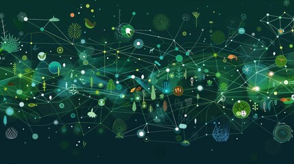 National Public Lands Day, Network-style infographic with interconnected nodes, each node containing different species icons, web-like connections between habitats,ecosystem relationship visualization