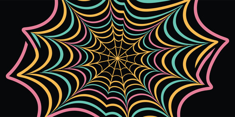 Psychedelic. Spiderweb. Abstract. A colorful vector illustration of a spiderweb with an optical illusion effect for a retro 70s poster, a music album cover, or a creative background design.