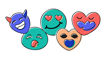 Diverse expressive emoji faces with hearts blue