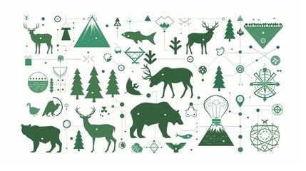 National Public Lands Day, Grid-based infographic with animal silhouettes and nature symbols, deer, eagle, bear, fish icons arranged in organized pattern, habitat symbols(forest, mountain, lake icons)