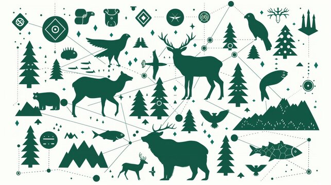 National Public Lands Day, Grid-based infographic with animal silhouettes and nature symbols, deer, eagle, bear, fish icons arranged in organized pattern, habitat symbols(forest, mountain, lake icons)