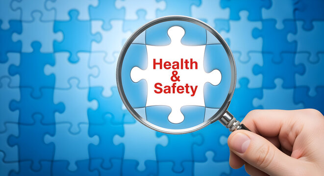 Blue Puzzle with Health and Safety Message Under Magnifying Glass Held by Hand
