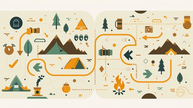 National Public Lands Day, Visual-only infographic banner with flowing arrows and pathways, hiking boot icons, tent symbols, binocular graphics, trail markers, campfire illustrations