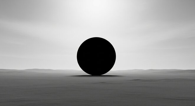 A stark black and white image of a large, black sphere on a desolate, empty landscape.