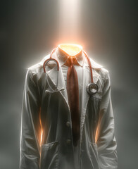 Futuristic glowing doctor coat with stethoscope symbolizing invisible healthcare professional
