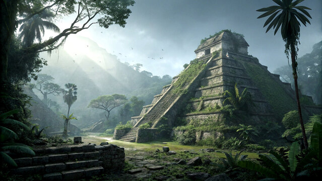 Lost maya temple rising through the misty jungle