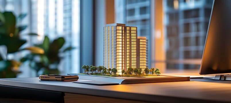 Architectural model building design structure miniature construction project planning office desk view