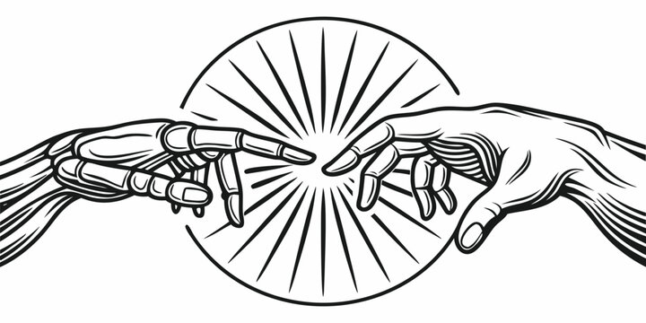 Creation of Adam. Robot. A modern vector illustration in a classic engraving style of a human and robot hand touching for a technology poster, a science fiction book cover, or a t-shirt.