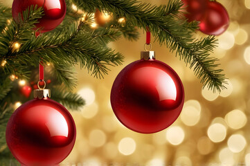 Fototapeta premium Red Christmas Ornaments Hanging on Pine Tree | Ornamen Natal Merah Menggantung di Pohon Cemara