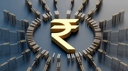 Stunning golden Rupee symbol radiates wealth and success in modern financial technology concept design