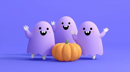 Three playful purple ghosts with wide smiles stand around an orange pumpkin, creating a fun and festive atmosphere.