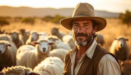 Portrait of a smiling Australian shepherd with his flock of sheep in the golden outback sunlight