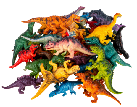Pile of Assorted Dinosaur Plastic Toys in Random Arrangement, Isolated PNG