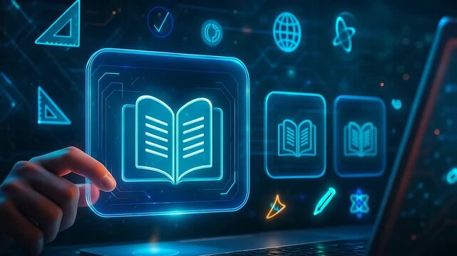 Hand Touching Book Icons Screen Compass Globe Ruler Education Technology