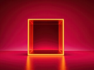 Neon-lit geometric cube on vibrant pink background with glowing edges and reflection