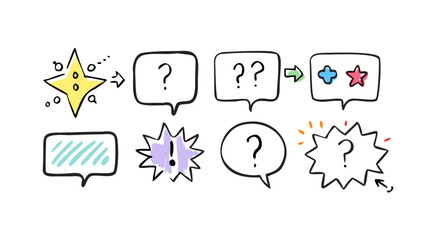 Hand drawn chat bubbles with questions and symbols