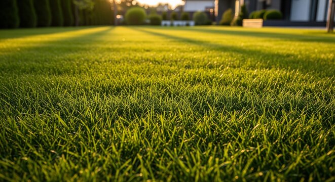 A lush, healthy Zoysia lawn in a residential backyard, glowing in the late afternoon sun.