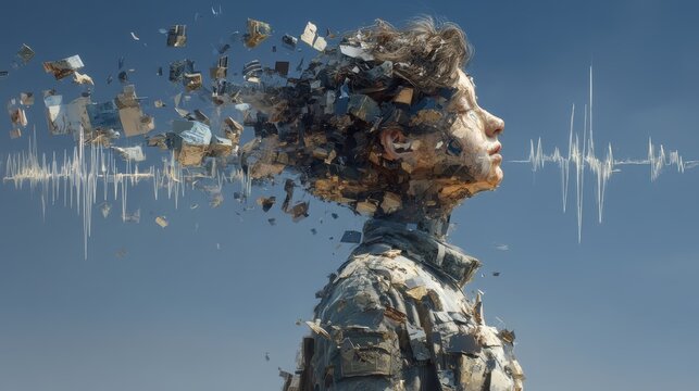 Surreal figure experiences internal chaos with fragments of thoughts and heartbeat lines, illustrating an imploding mind