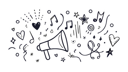 Hand drawn megaphone and music notes doodle celebration
