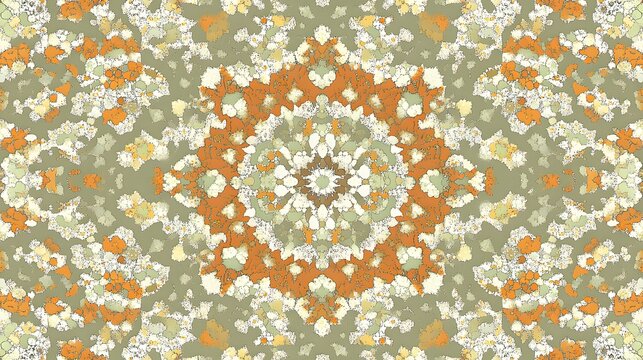 Abstract Mandala Pattern Beige Orange Green Floral Textile Design