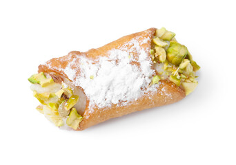 One delicious cannoli with ricotta cheese, pistachios and powdered sugar isolated on white, top view