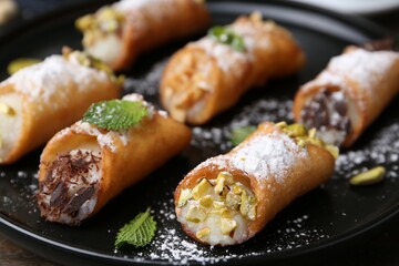 Delicious cannoli with cheese, nuts, powdered sugar, chocolate and mint on table, closeup